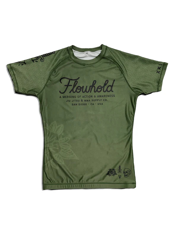 Life/Death Rashguard front view – olive green grappling rashguard with Flowhold chest logo