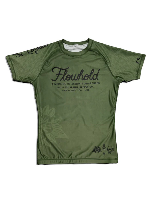 Life/Death Rashguard front view – olive green grappling rashguard with Flowhold chest logo