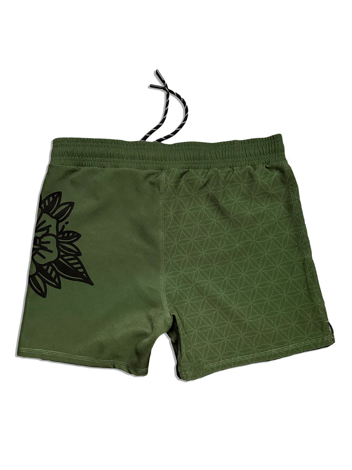 Life/Death mma and grappling Shorts back view – tattoo-inspired graphic accents by Flowhold bjj