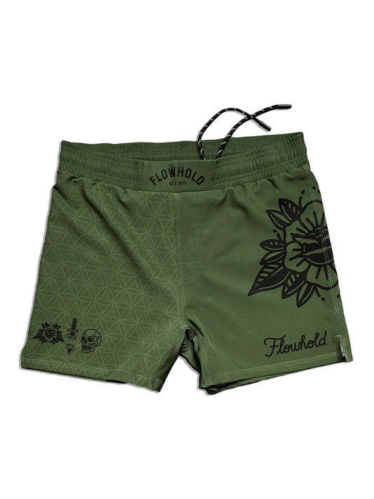  Life/Death grappling and mma Shorts front view – olive shorts with clean Flowhold design