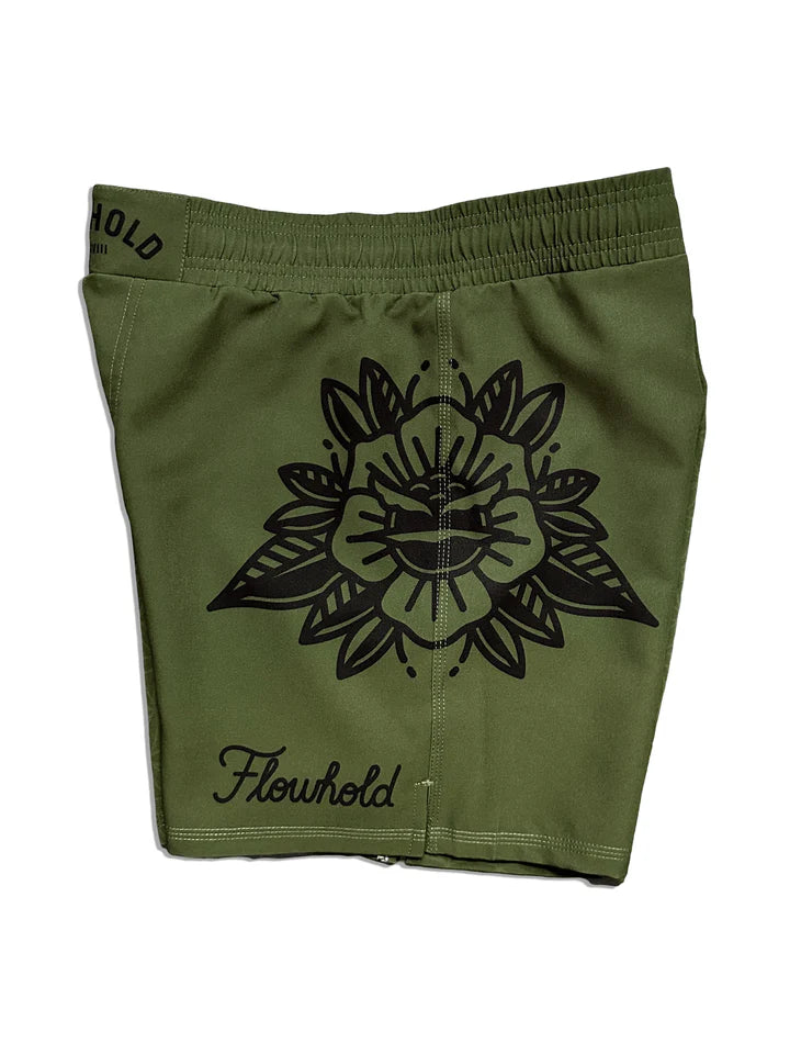 Life/Death Fight Shorts side view – olive shorts with clean Flowhold old school tattoo design