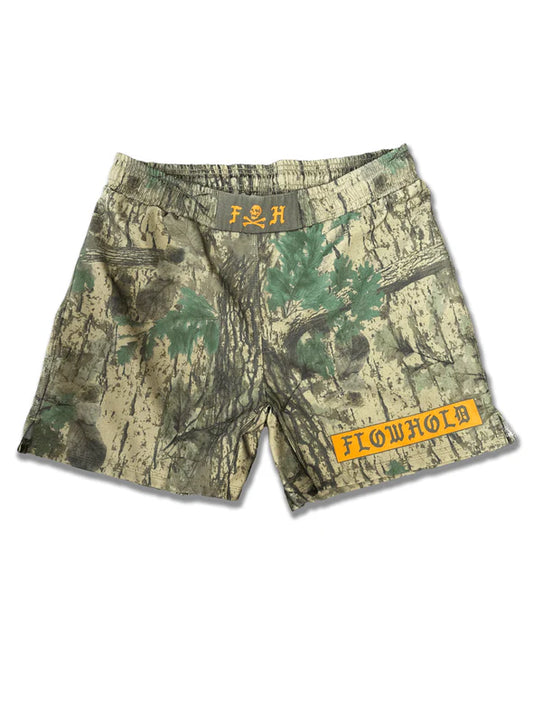 Flowhold BJJ Grappling Mossy Choke Fight Shorts front view – forest camouflage with yellow details