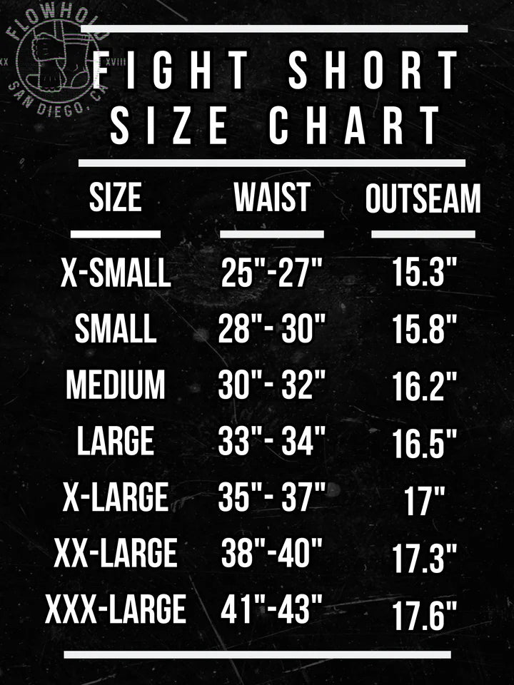 Flowhold BJJ and Grappling shorts size chart