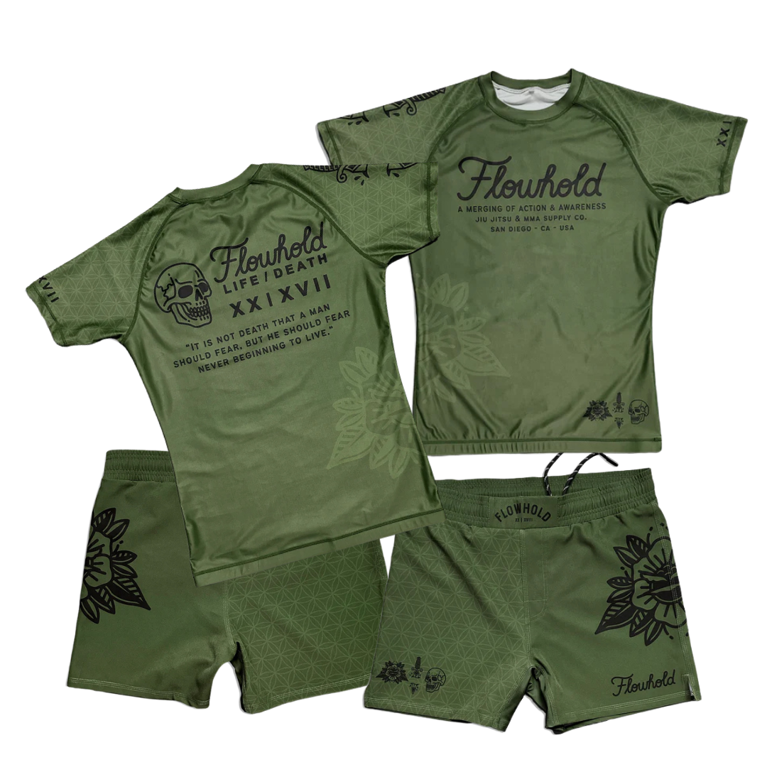  Life/Death No-Gi Set front and back view – olive rashguard and shorts for jiu-jitsu