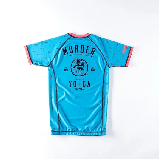 Back view of Murder Yoga BJJ Rash Guard by Nation Athletic – black short sleeve compression rash guard with custom design