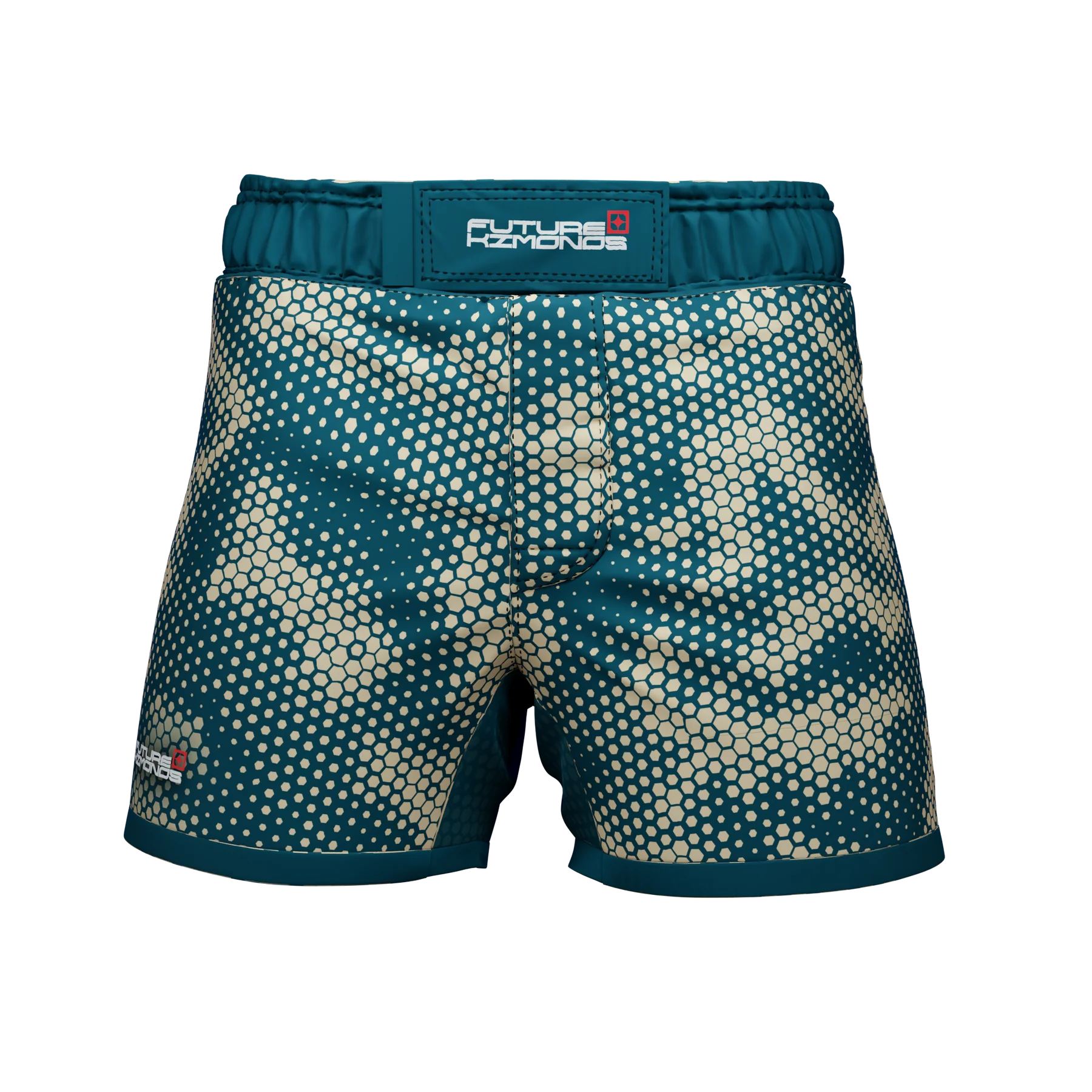 Front view of One Path Camo Fight Shorts by Future Kimonos designed for no-gi BJJ and grappling training