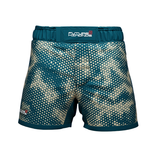 Front view of One Path Camo Fight Shorts by Future Kimonos designed for no-gi BJJ and grappling training