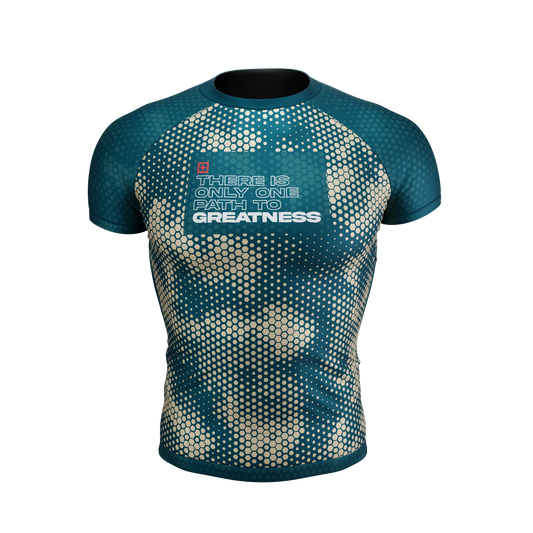 Front view of One Path Camo Short Sleeve Rash Guard by Future Kimonos for no-gi BJJ and grappling training