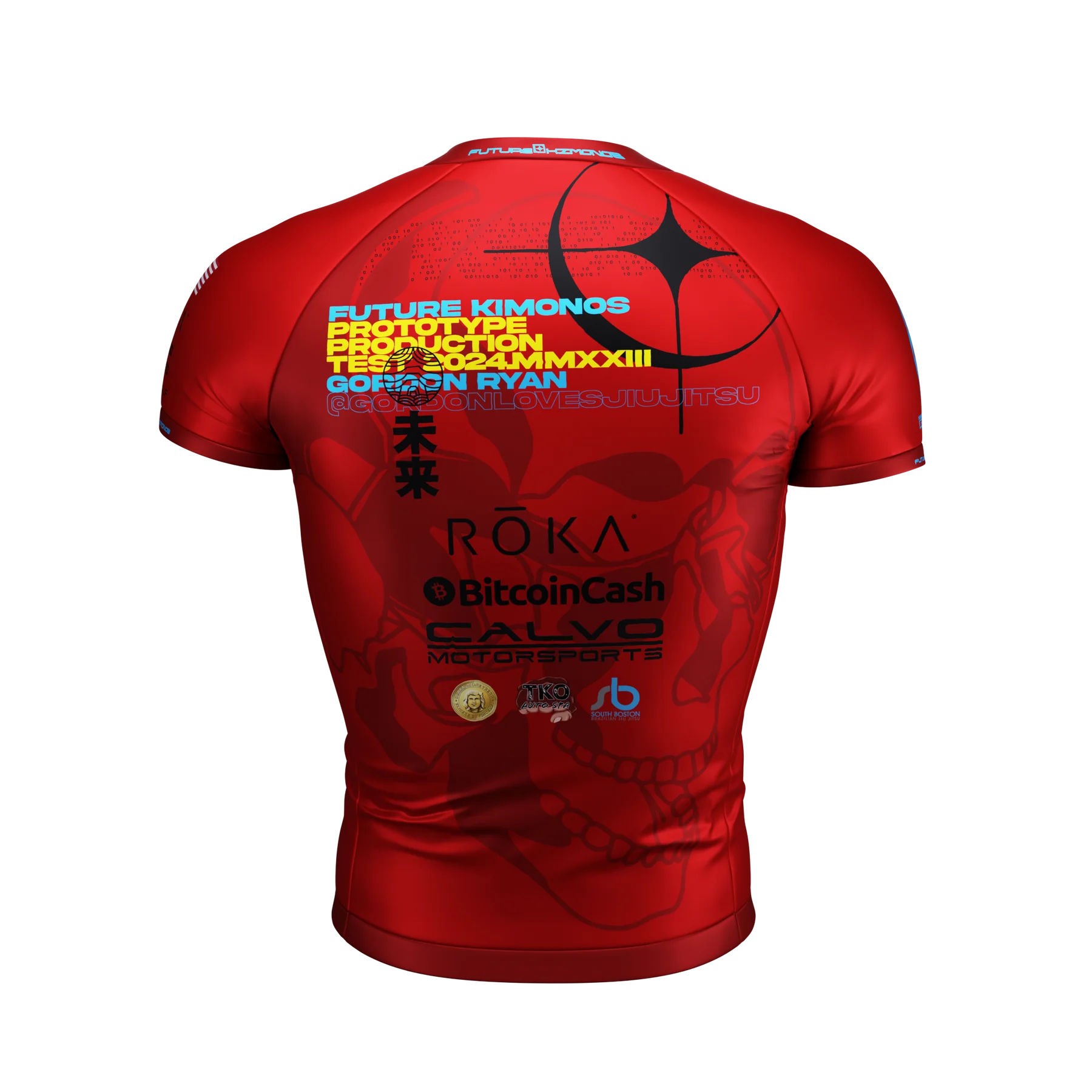 Back view of Prototype SUPER-RED Short Sleeve Rash Guard by Future Kimonos designed for submission grappling