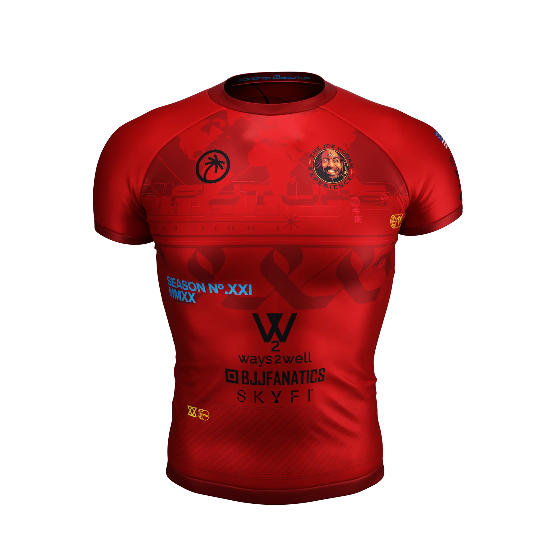 Front view of Prototype SUPER-RED Short Sleeve Rash Guard by Future Kimonos for no-gi BJJ and grappling