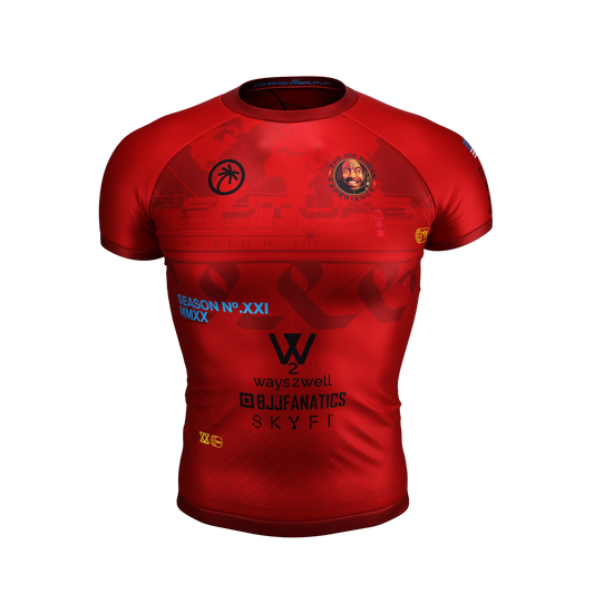 Front view of Prototype SUPER-RED Short Sleeve Rash Guard by Future Kimonos for no-gi BJJ and grappling