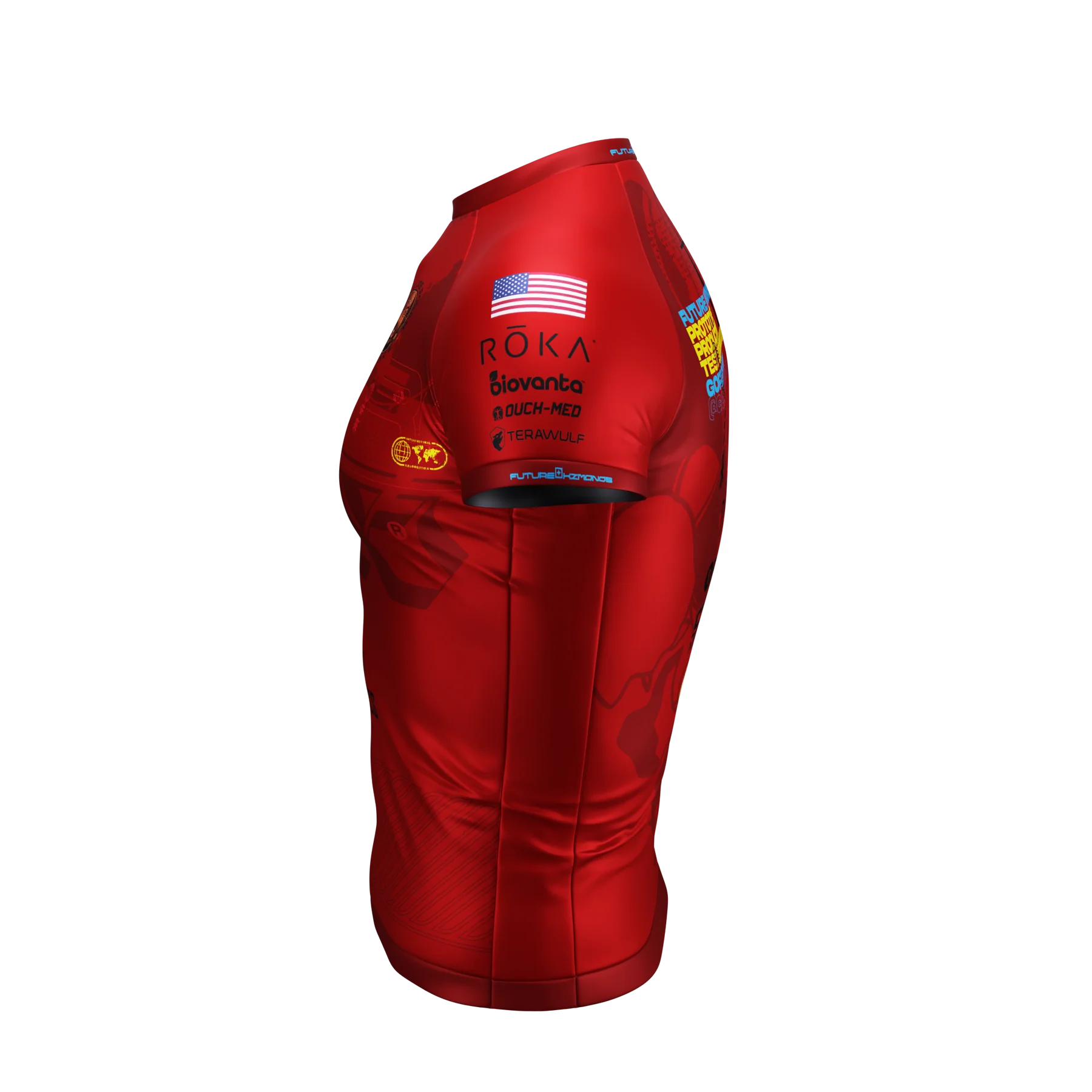 Left side view of Prototype SUPER-RED Short Sleeve Rash Guard by Future Kimonos for elite grappling performance
